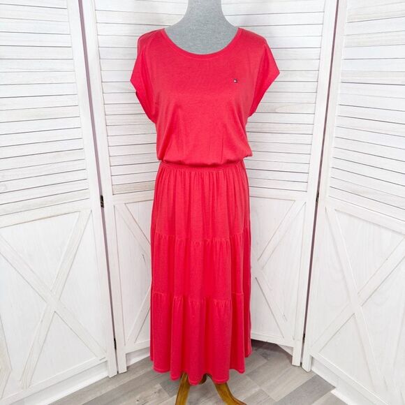 Tommy Hilfiger Tiered Cap Sleeve Smocked Waist Maxi Dress Coral Red Medium - Picture 1 of 14